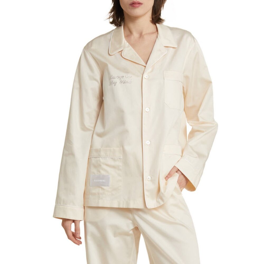 Magniberg Gala Swarovski Crystal Embellished Cotton Sateen Pajama Top Sz XL